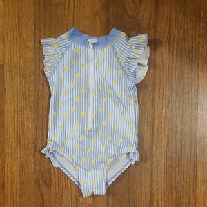 Mia & Miles Blue and Yellow Striped One Piece Swimsuit with Ruffled Sleeves